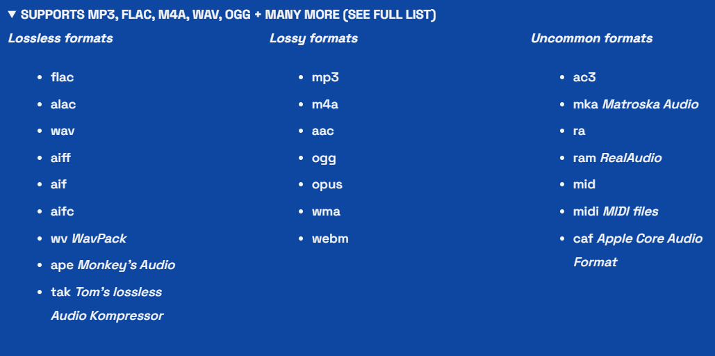 Stellody supported music formats selection screen