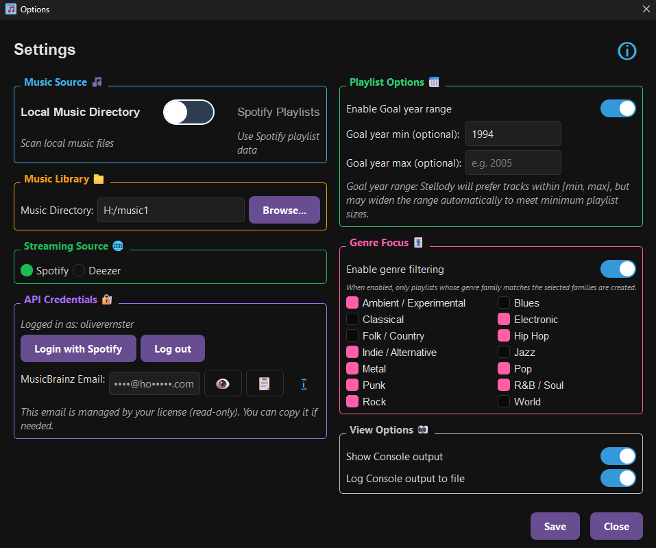 Stellody app options and settings screen